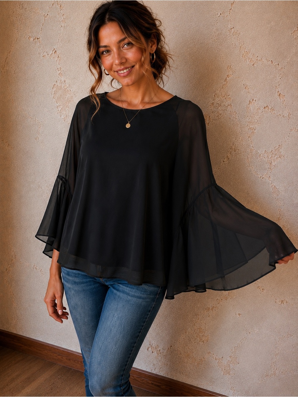 Black Sheer Bell Sleeve Blouse Flowy Dressy Elegant Top